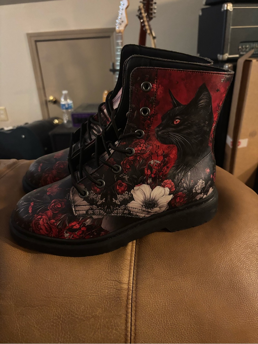 Dolls Kill Black & Red Floral Cat Lace-Up Combat Boots